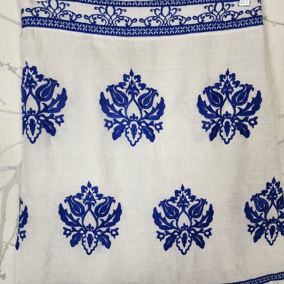 Zara White Blue Embroidered 100% Linen Flowy Peplum Long Skirt - Picture 3 of 6